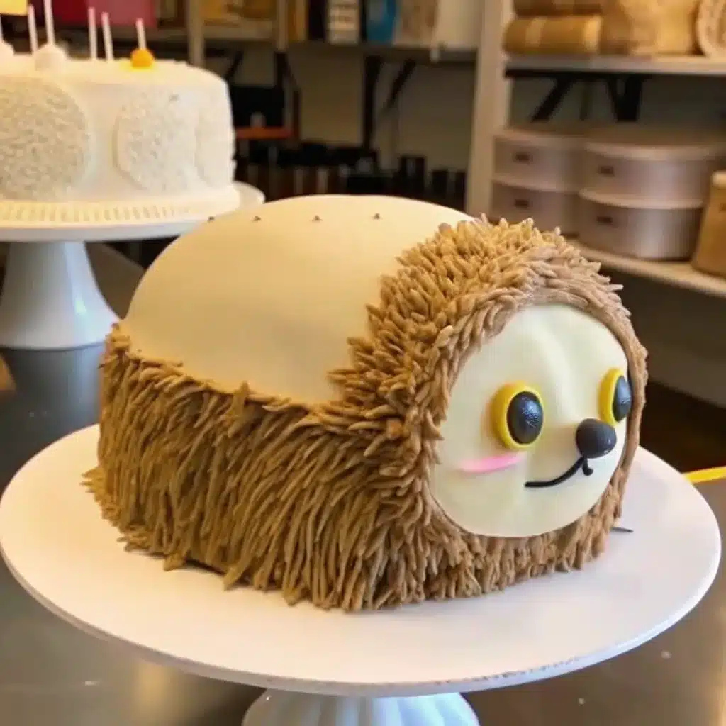 Labubu character cake with textured brown frosting and fondant face details on bakery table