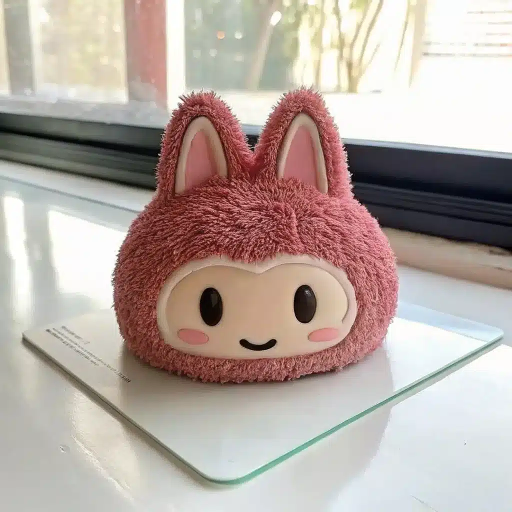 Round pink Labubu-inspired cake with fuzzy textured frosting, bunny ears, and a smiling cartoon face with pink cheeks.